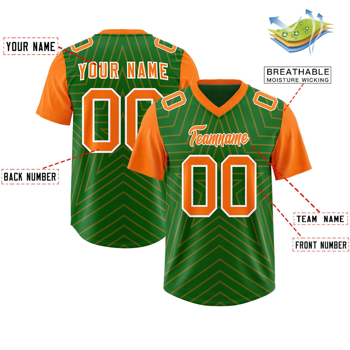 Custom Kelly Green Orange Personalized Star Pattern Raglan Sleeves Authentic American Football Jersey
