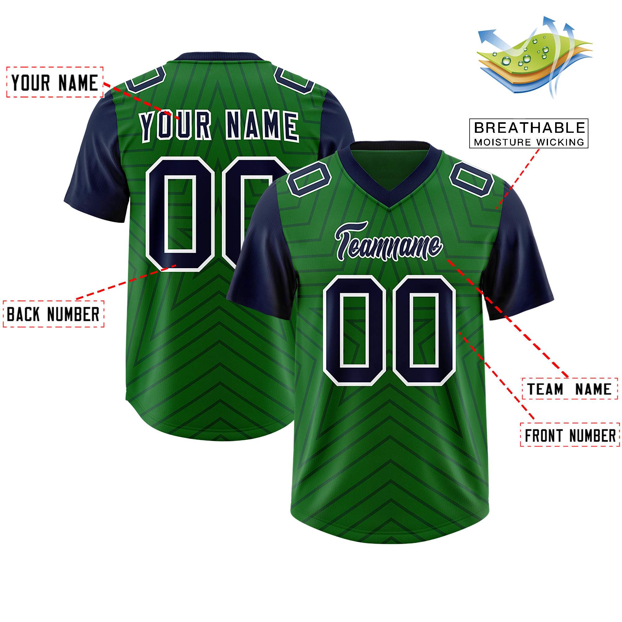 Custom Kelly Green Navy Personalized Star Pattern Raglan Sleeves Authentic American Football Jersey
