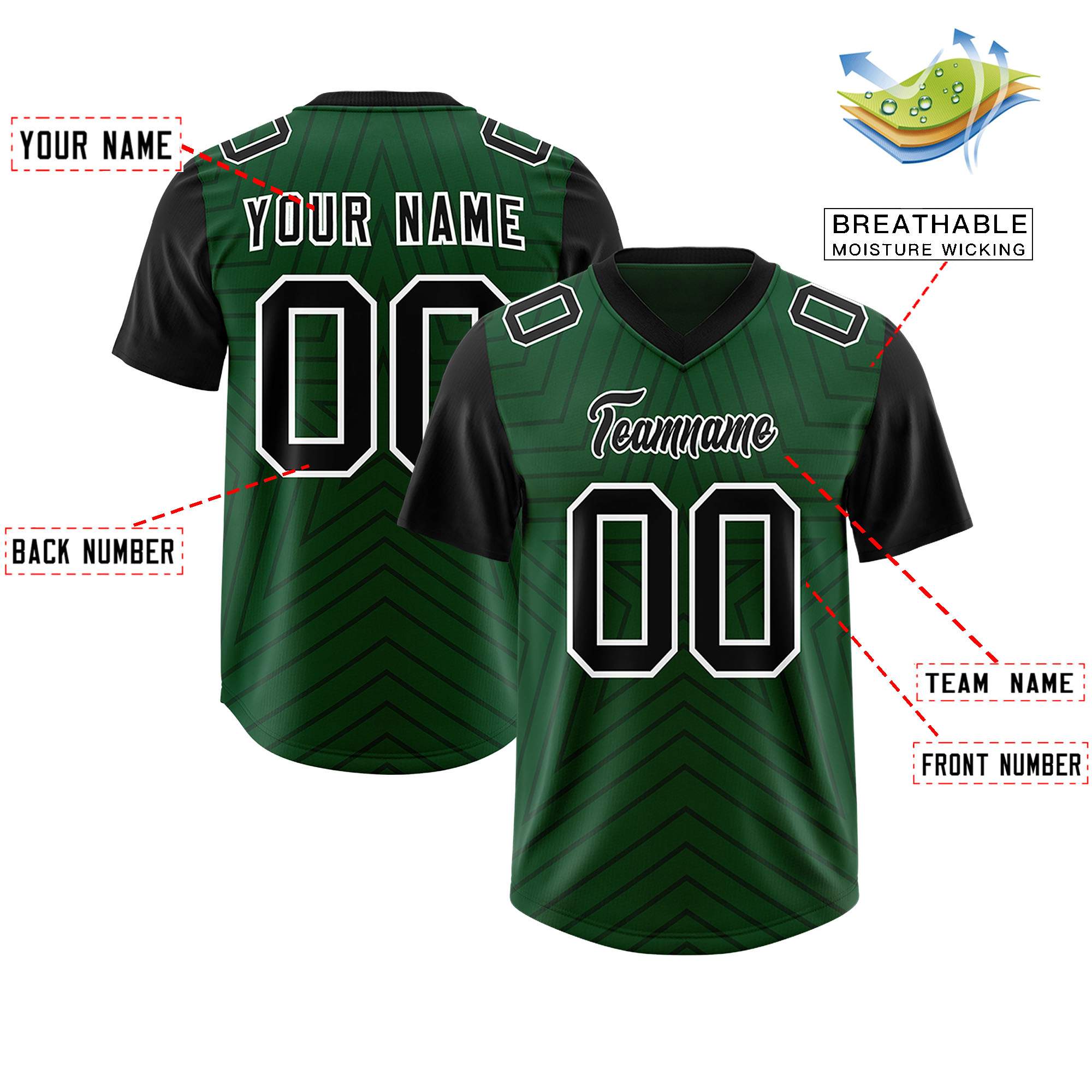 Custom Green Black Personalized Star Pattern Raglan Sleeves Authentic American Football Jersey