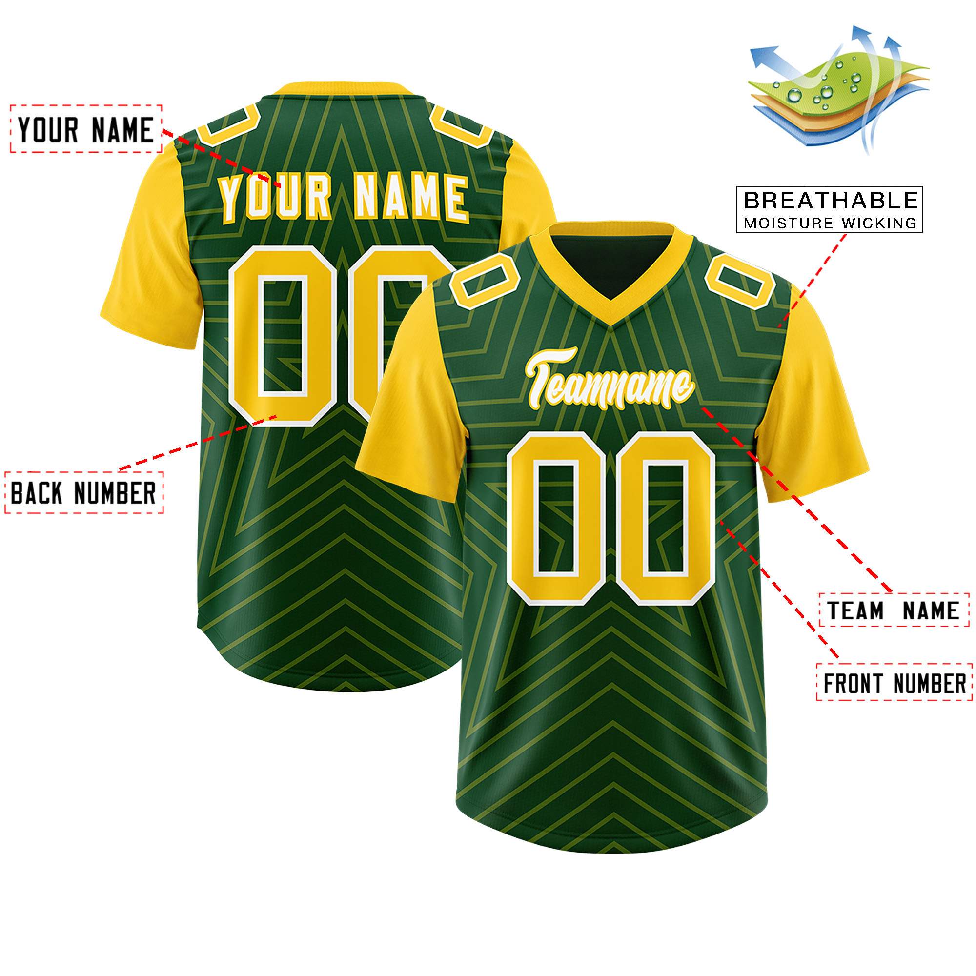 Custom Green Gold Personalized Star Pattern Raglan Sleeves Authentic American Football Jersey