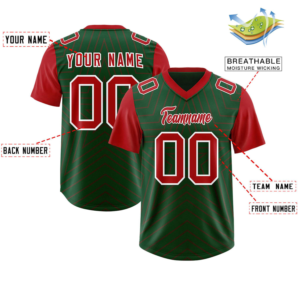 Custom Green Red Personalized Star Pattern Raglan Sleeves Authentic American Football Jersey