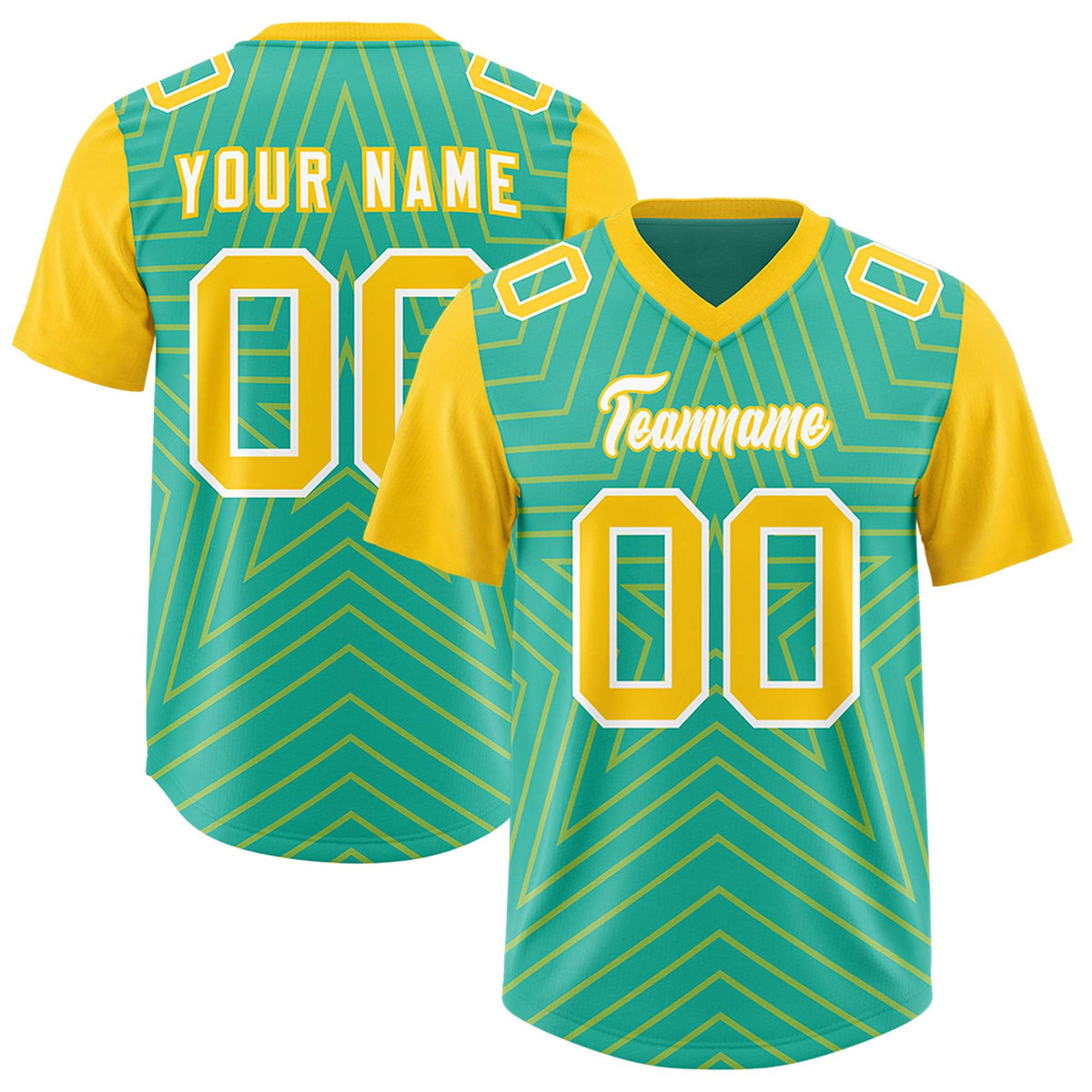 Custom Bright Green Gold Personalized Star Pattern Raglan Sleeves Authentic American Football Jersey
