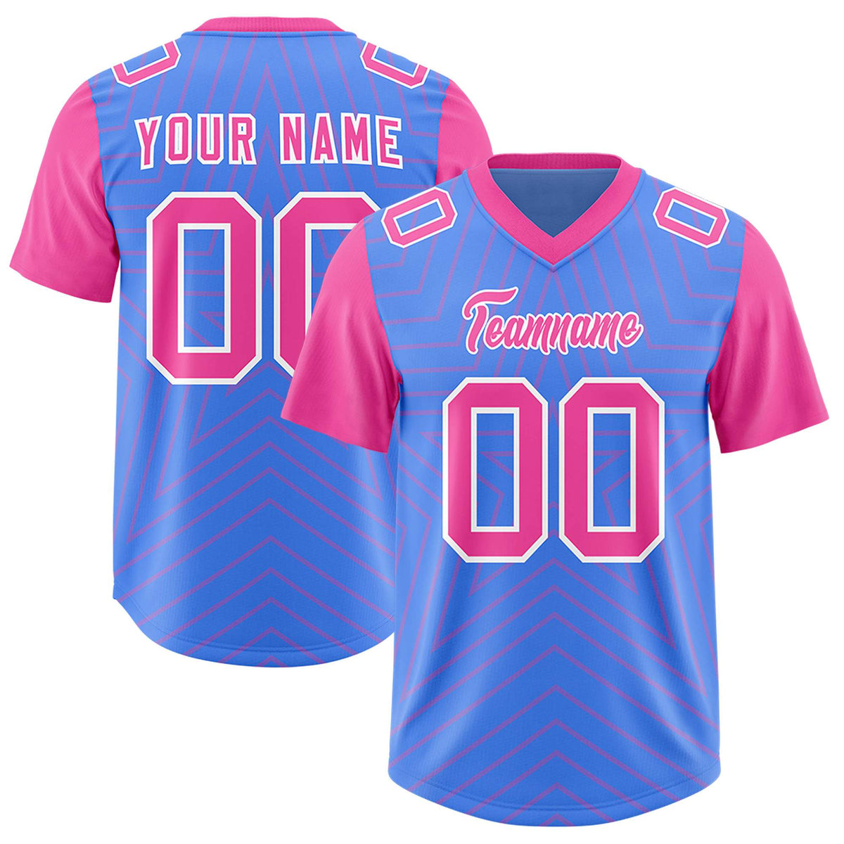 Custom Powder Blue Pink Personalized Star Pattern Raglan Sleeves Authentic American Football Jersey