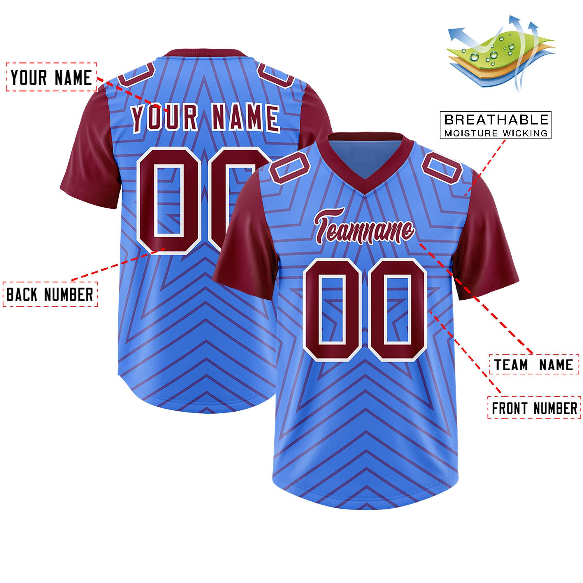 Custom Powder Blue Cardinal Personalized Star Pattern Raglan Sleeves Authentic American Football Jersey