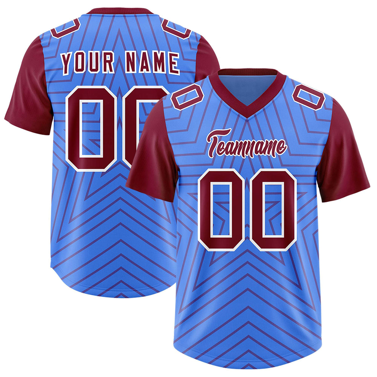 Custom Powder Blue Cardinal Personalized Star Pattern Raglan Sleeves Authentic American Football Jersey