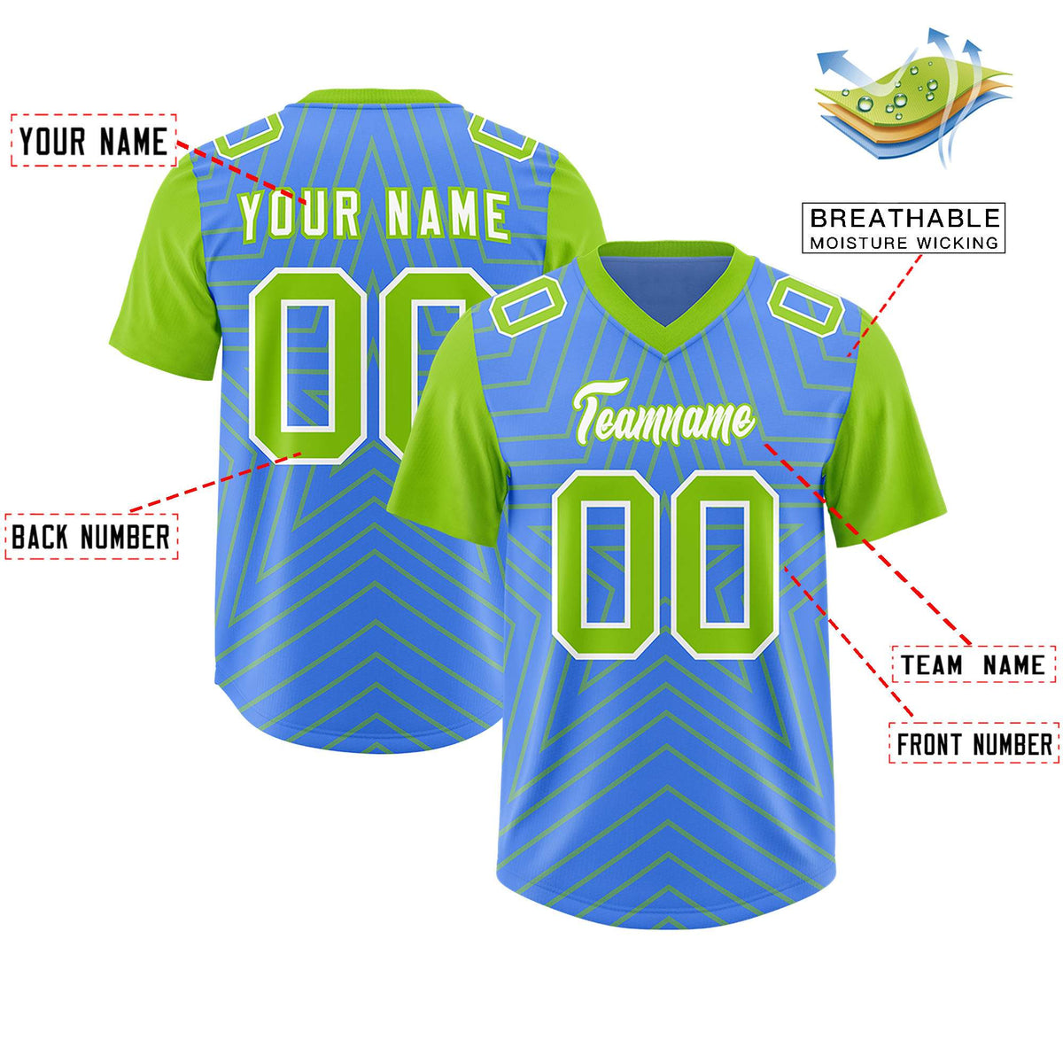 Custom Powder Blue Neon Green Personalized Star Pattern Raglan Sleeves Authentic American Football Jersey