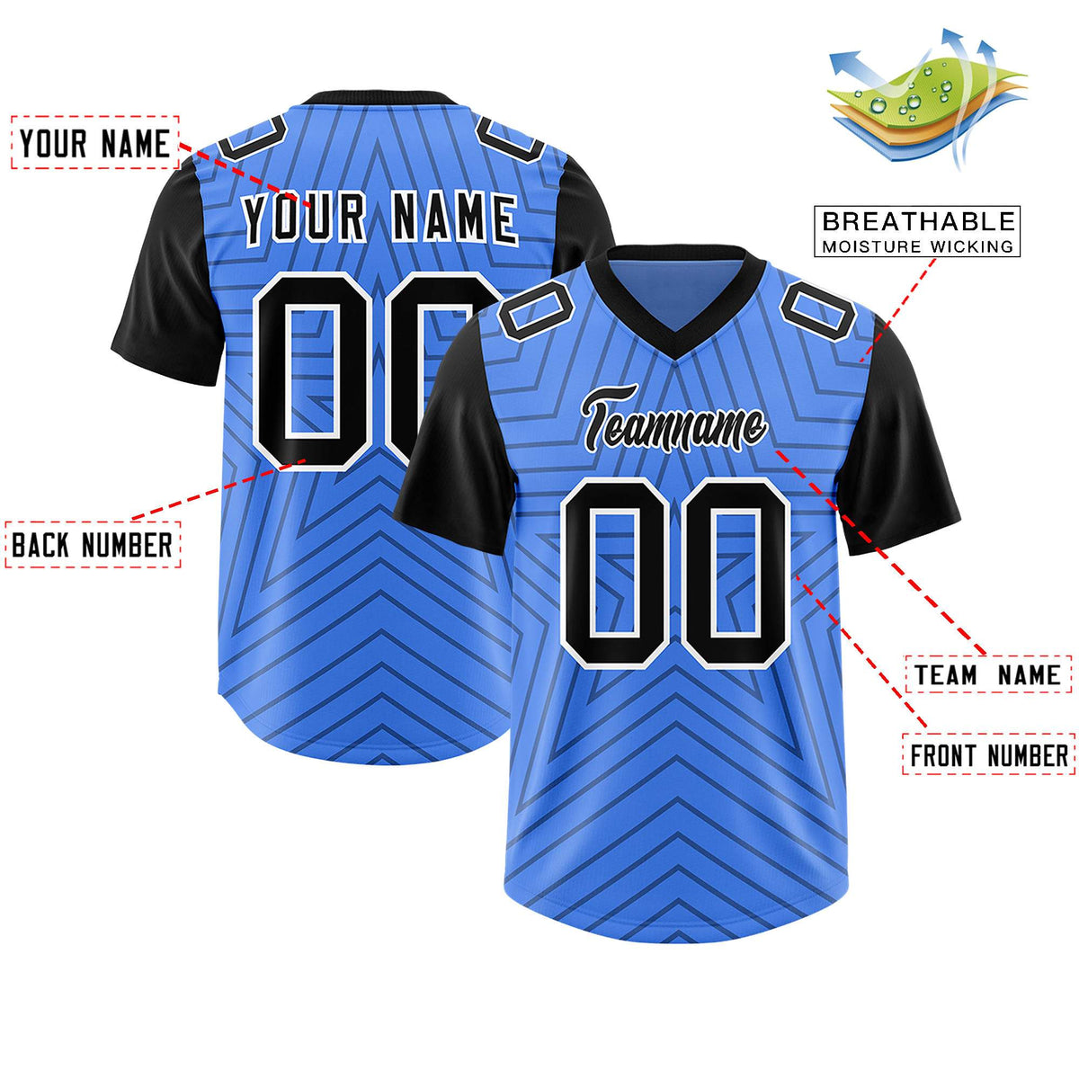 Custom Powder Blue Black Personalized Star Pattern Raglan Sleeves Authentic American Football Jersey
