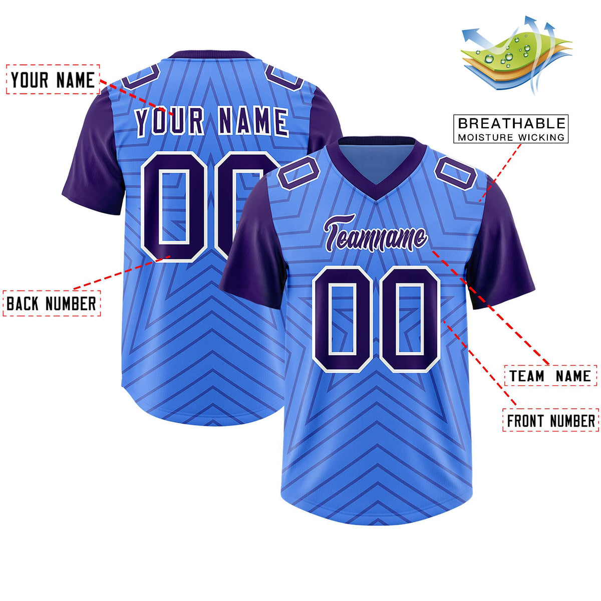 Custom Powder Blue Purple Personalized Star Pattern Raglan Sleeves Authentic American Football Jersey