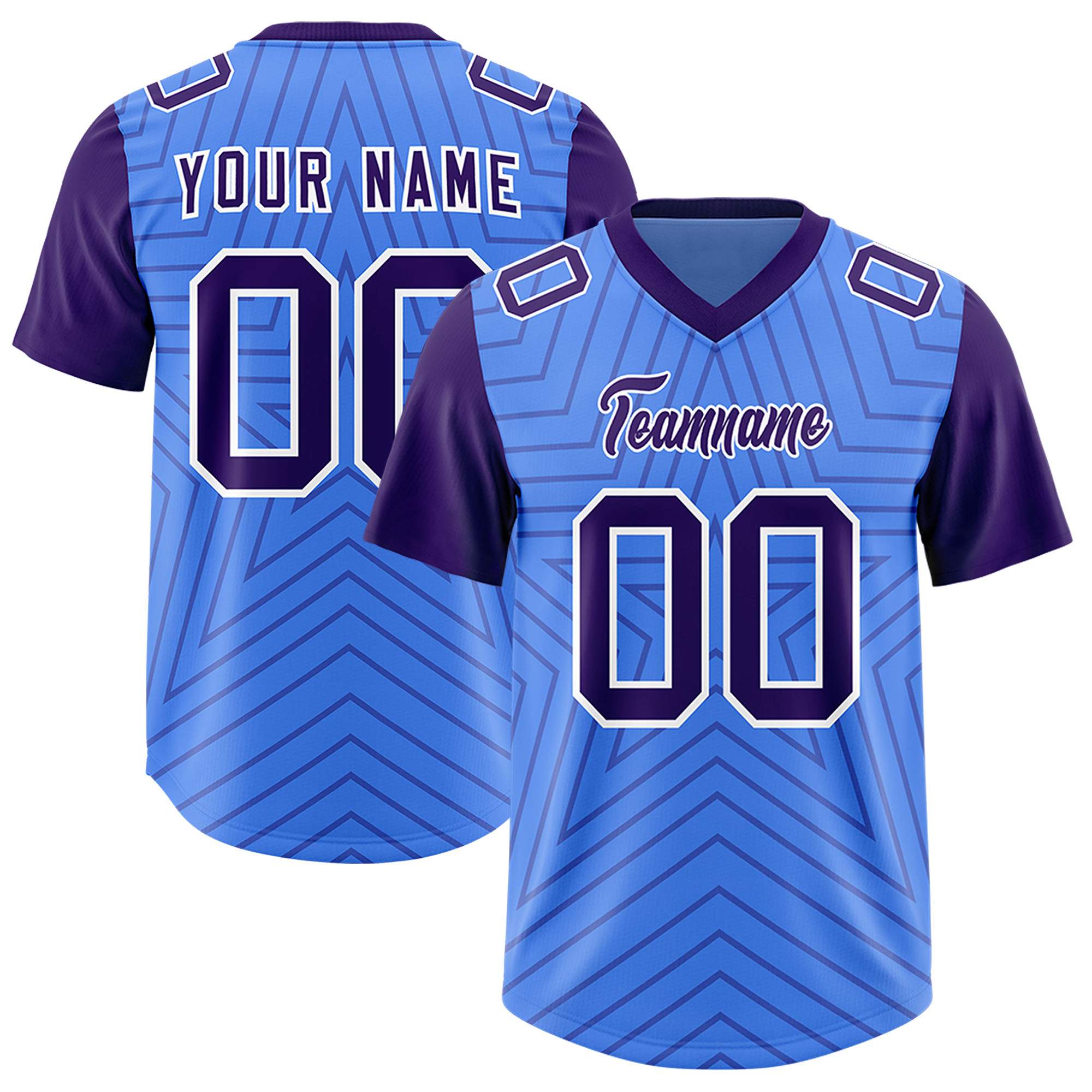 Custom Powder Blue Purple Personalized Star Pattern Raglan Sleeves Authentic American Football Jersey