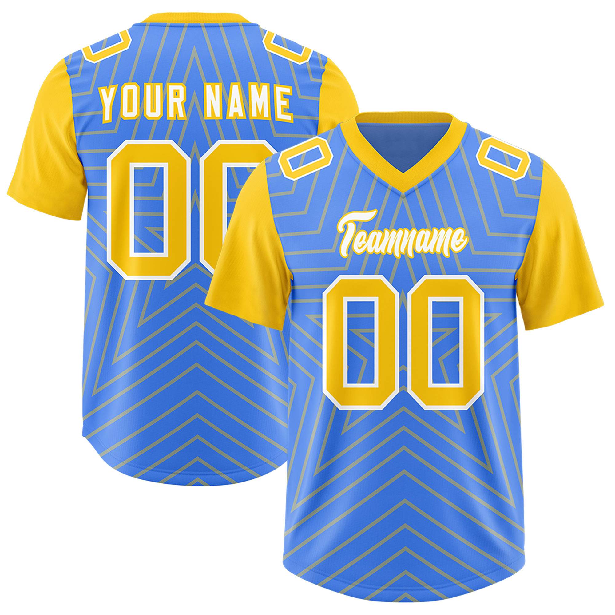 Custom Powder Blue Gold Personalized Star Pattern Raglan Sleeves Authentic American Football Jersey
