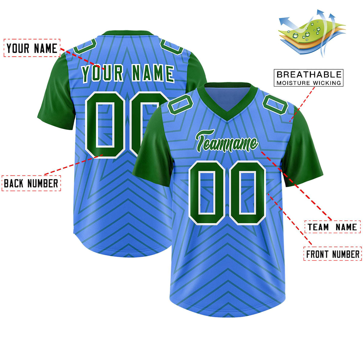 Custom Powder Blue Kelly Green Personalized Star Pattern Raglan Sleeves Authentic American Football Jersey