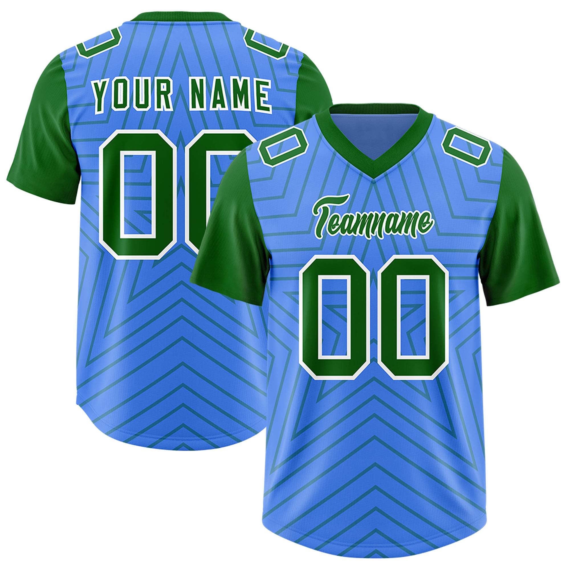 Custom Powder Blue Kelly Green Personalized Star Pattern Raglan Sleeves Authentic American Football Jersey