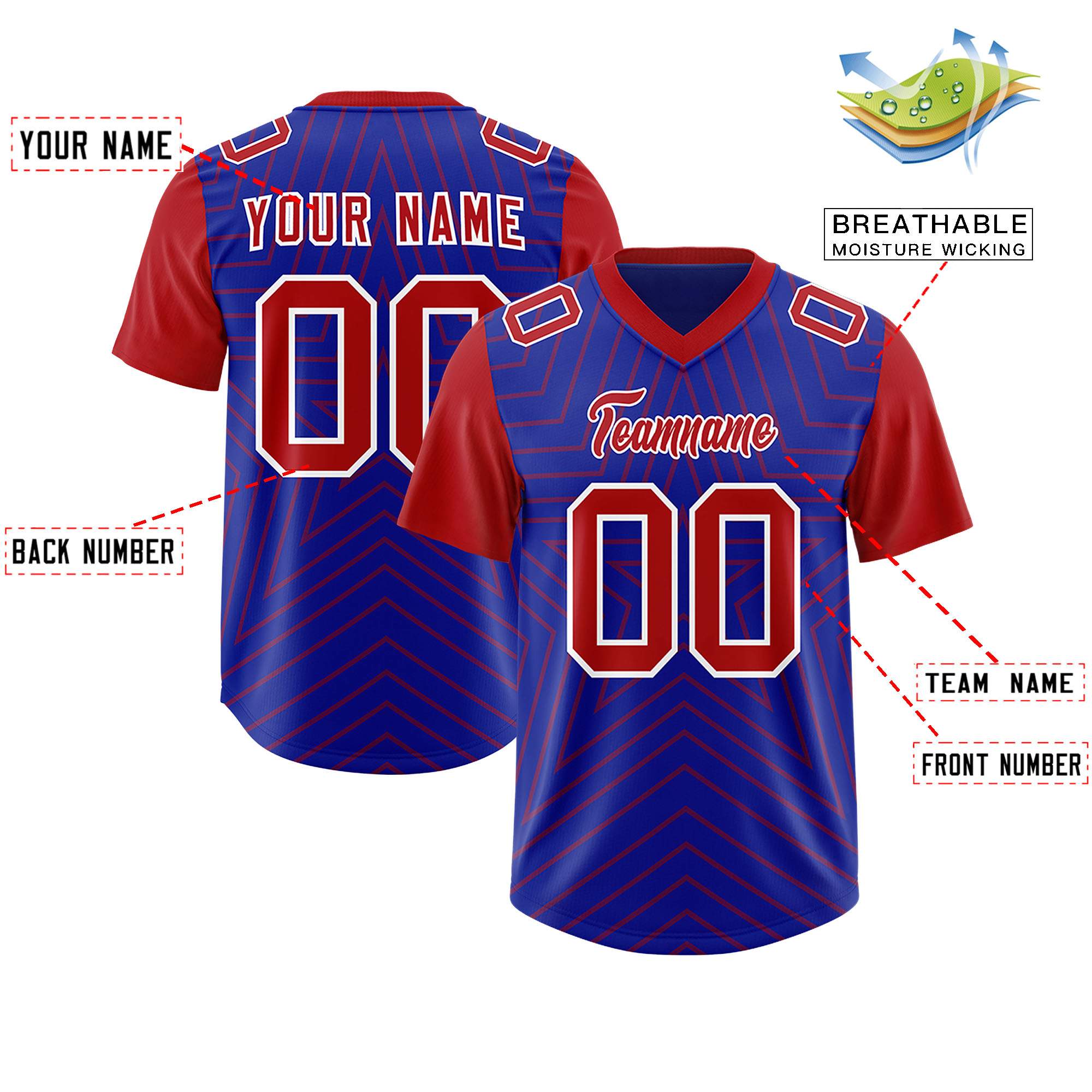 Custom Royal Red Personalized Star Pattern Raglan Sleeves Authentic American Football Jersey
