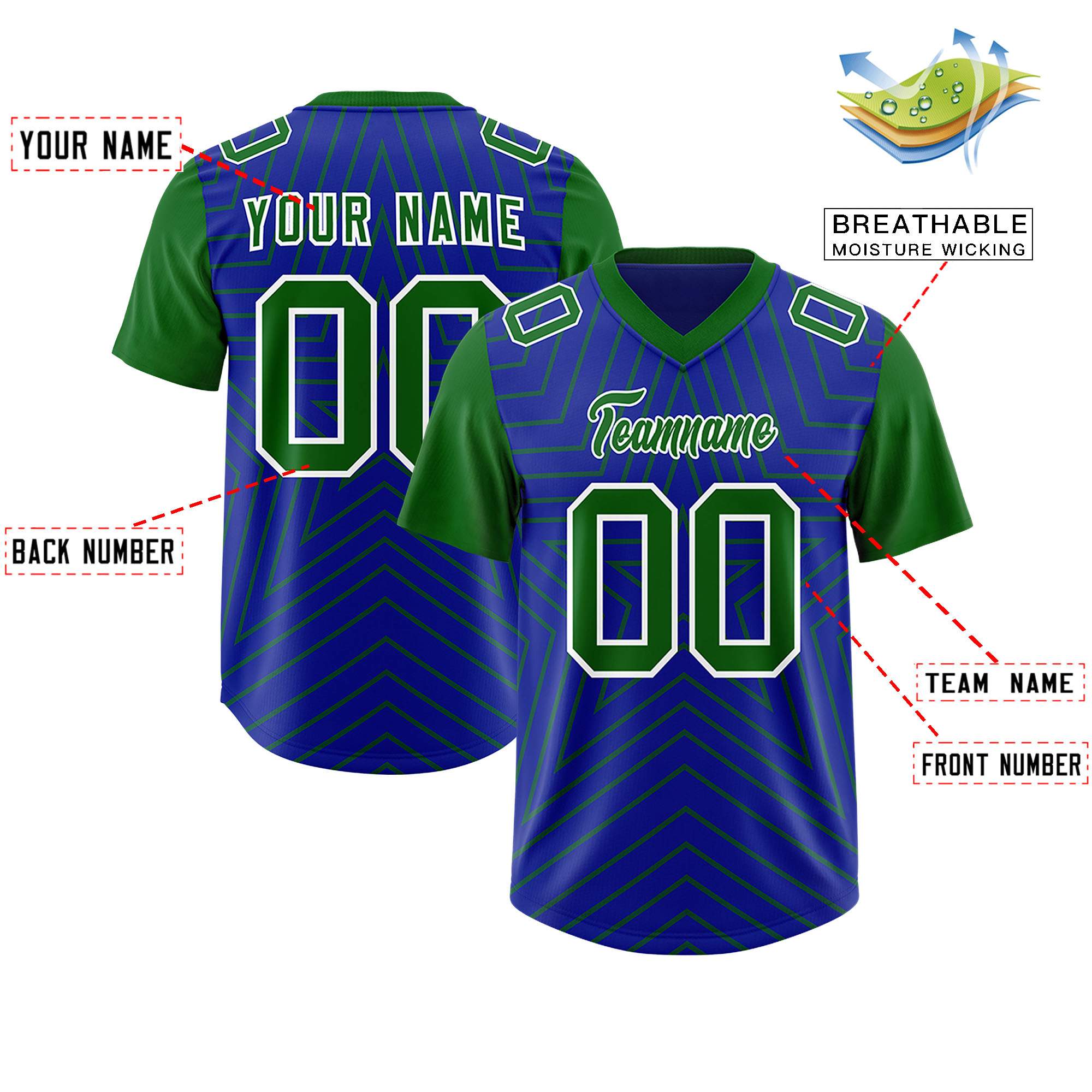 Custom Royal Kelly Green Personalized Star Pattern Raglan Sleeves Authentic American Football Jersey