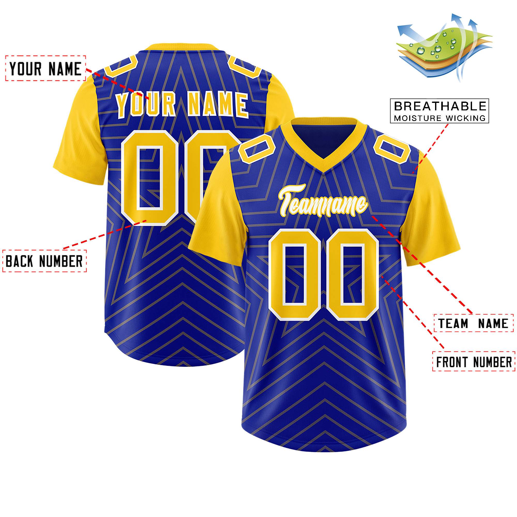 Custom Royal Gold Personalized Star Pattern Raglan Sleeves Authentic American Football Jersey