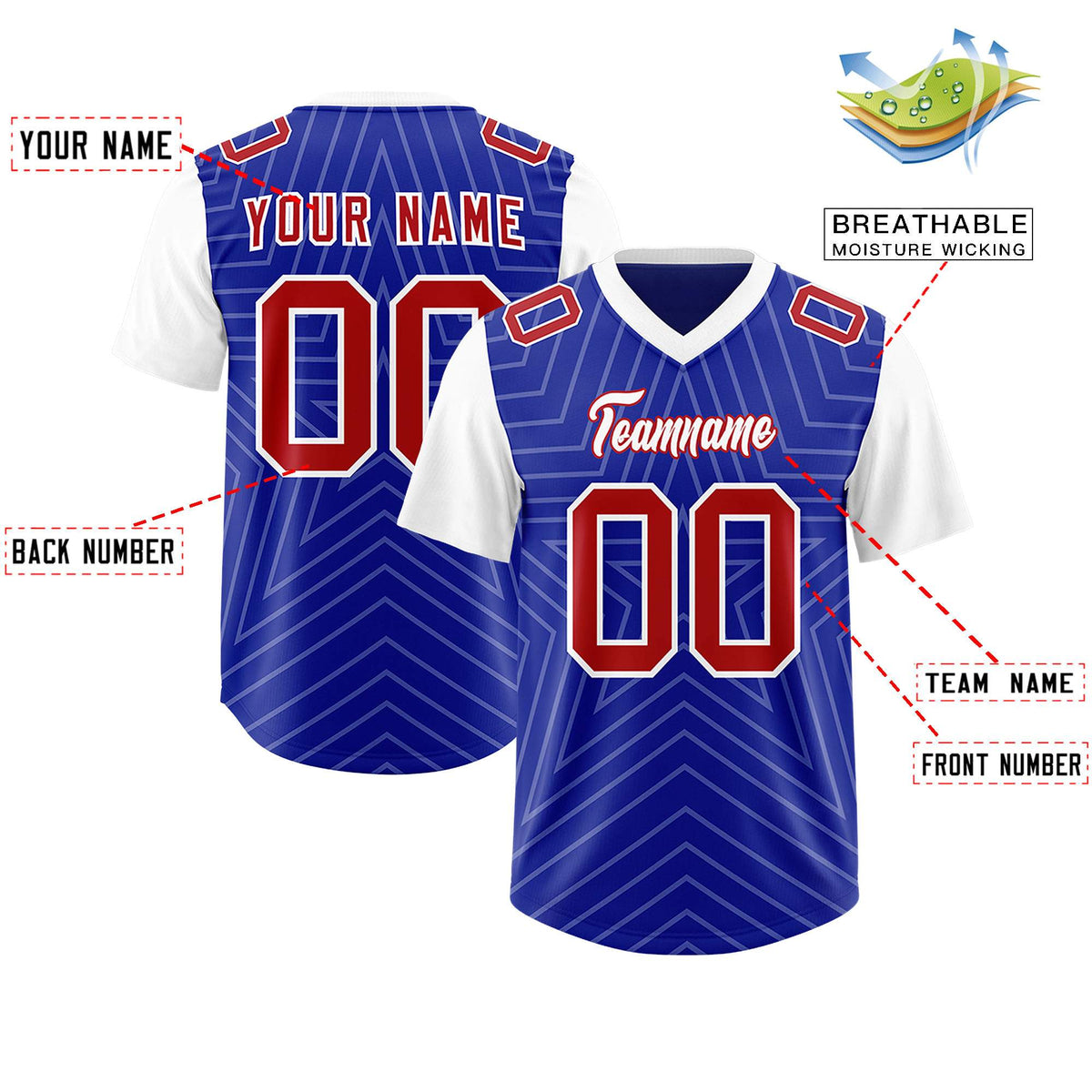 Custom Royal White Personalized Star Pattern Raglan Sleeves Authentic American Football Jersey