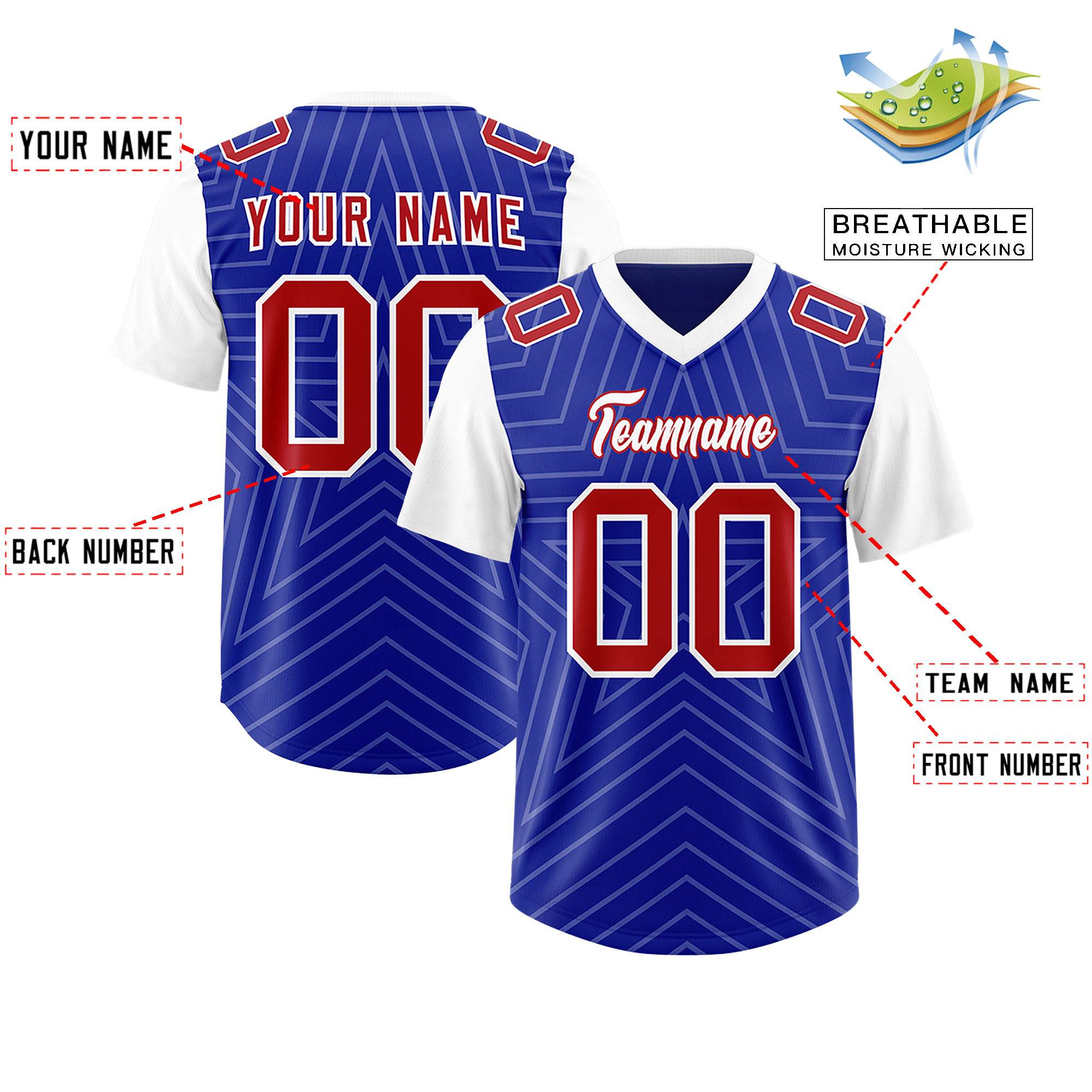 Custom Royal White Personalized Star Pattern Raglan Sleeves Authentic American Football Jersey