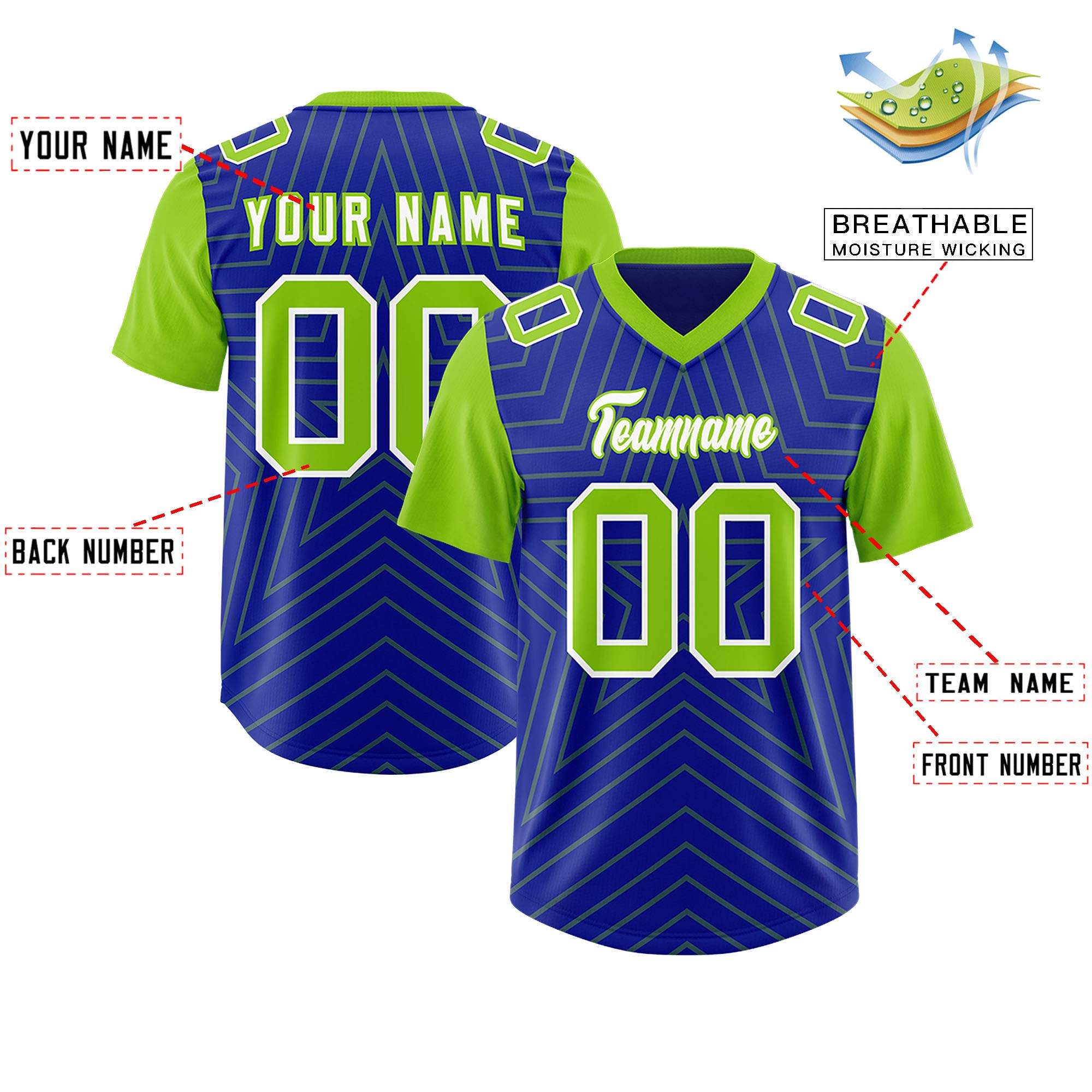 Custom Royal Neon Green Personalized Star Pattern Raglan Sleeves Authentic American Football Jersey