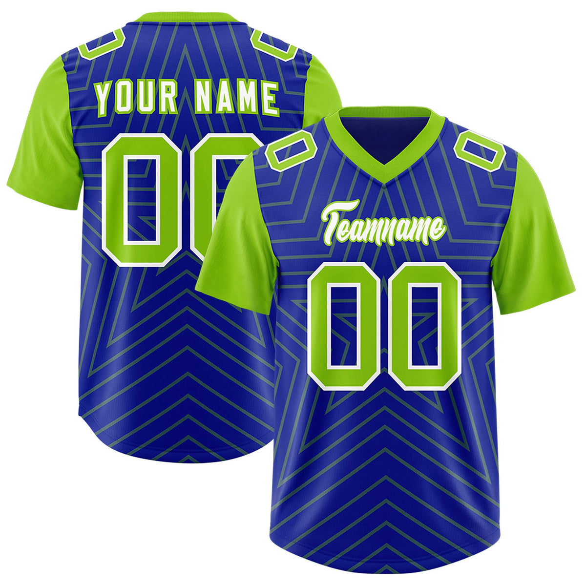Custom Royal Neon Green Personalized Star Pattern Raglan Sleeves Authentic American Football Jersey
