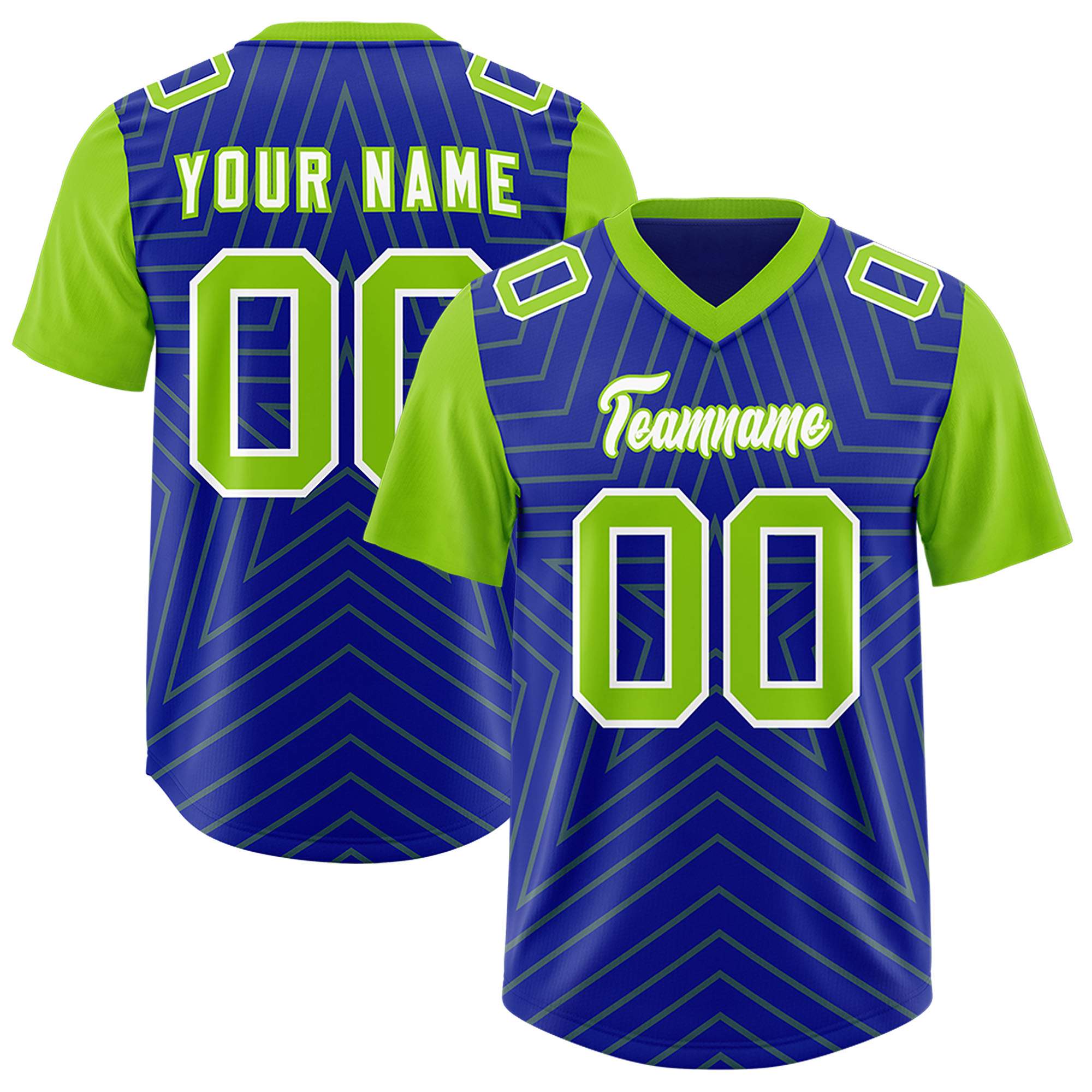 Custom Royal Neon Green Personalized Star Pattern Raglan Sleeves Authentic American Football Jersey