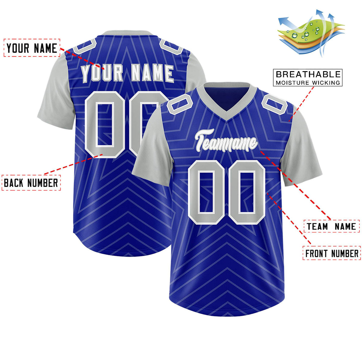 Custom Royal Gray Personalized Star Pattern Raglan Sleeves Authentic American Football Jersey
