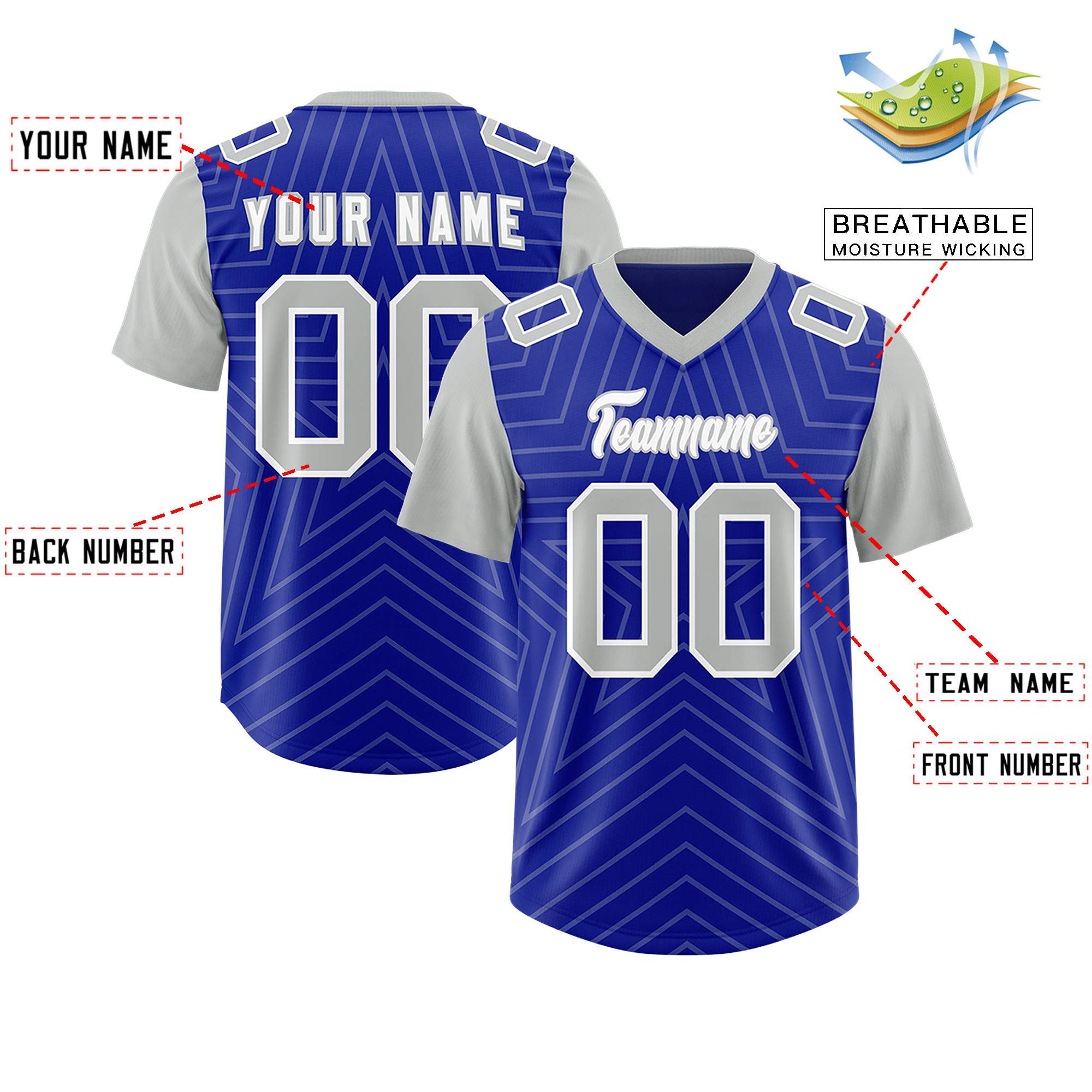 Custom Royal Gray Personalized Star Pattern Raglan Sleeves Authentic American Football Jersey