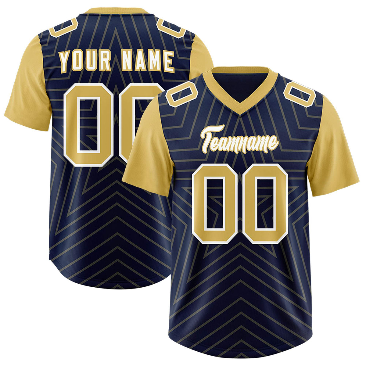 Custom Navy Old Gold Personalized Star Pattern Raglan Sleeves Authentic American Football Jersey