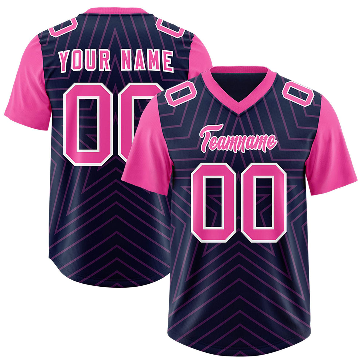 Custom Navy Pink Personalized Star Pattern Raglan Sleeves Authentic American Football Jersey