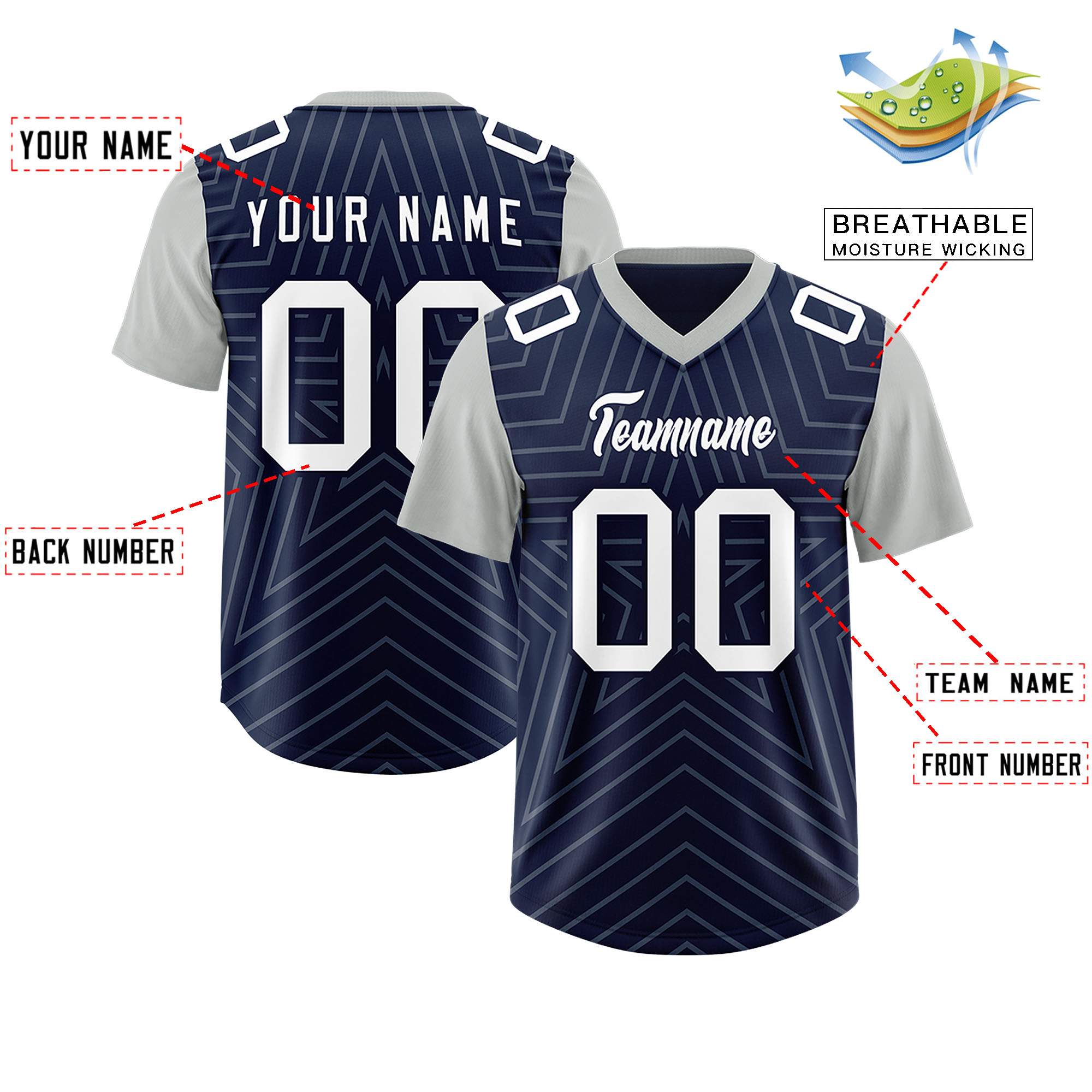 Custom Navy Gray Personalized Star Pattern Raglan Sleeves Authentic American Football Jersey