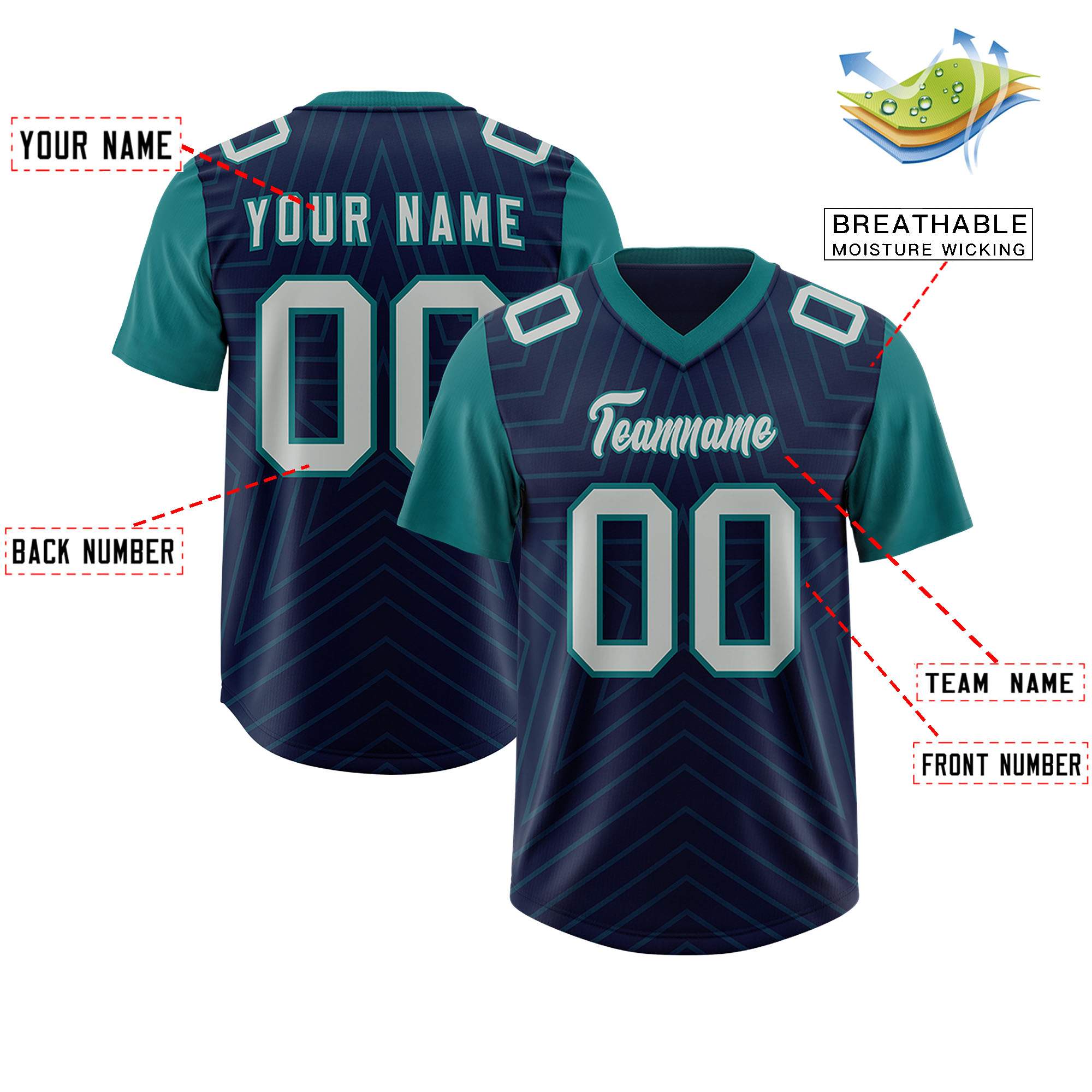 Custom Navy Aqua Personalized Star Pattern Raglan Sleeves Authentic American Football Jersey
