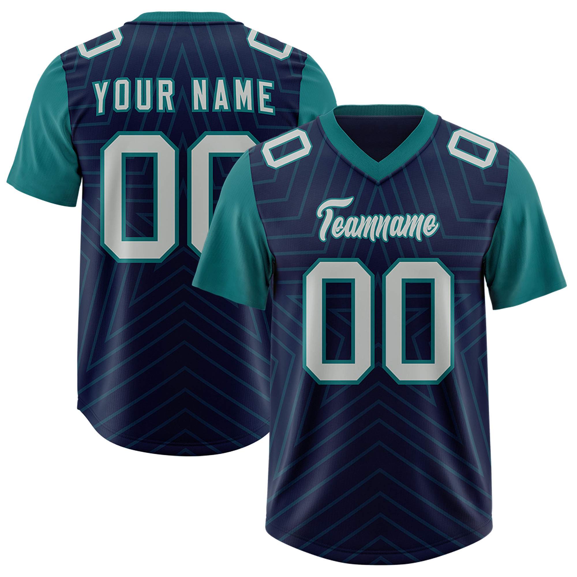 Custom Navy Aqua Personalized Star Pattern Raglan Sleeves Authentic American Football Jersey