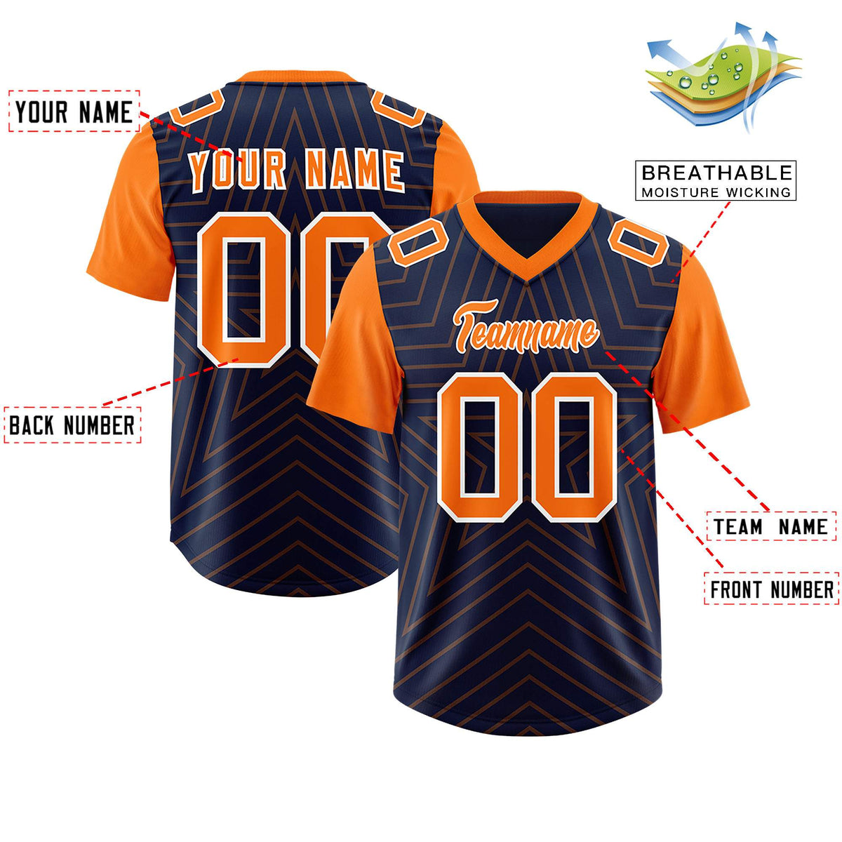 Custom Navy Orange Personalized Star Pattern Raglan Sleeves Authentic American Football Jersey