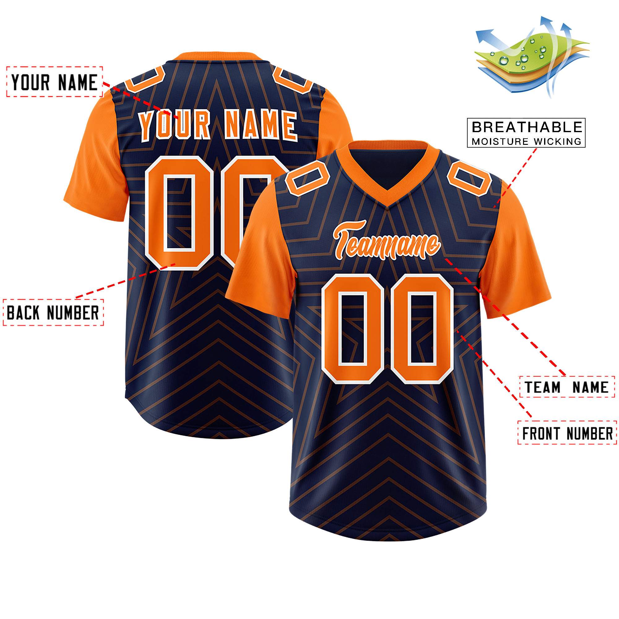 Custom Navy Orange Personalized Star Pattern Raglan Sleeves Authentic American Football Jersey