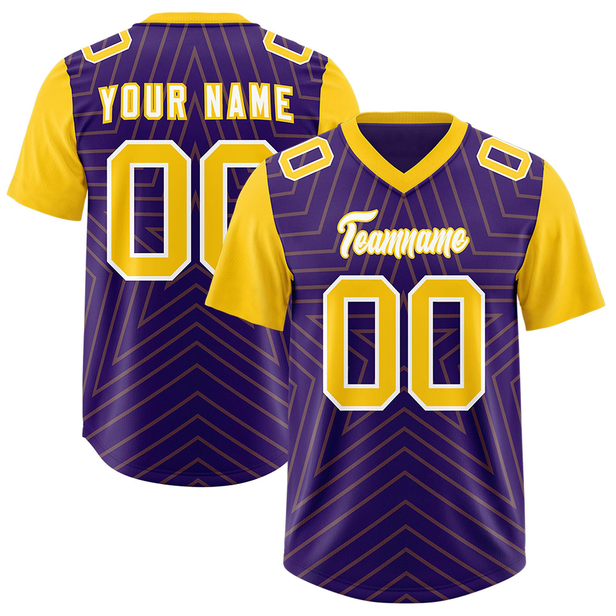 Custom Purple Gold Personalized Star Pattern Raglan Sleeves Authentic American Football Jersey