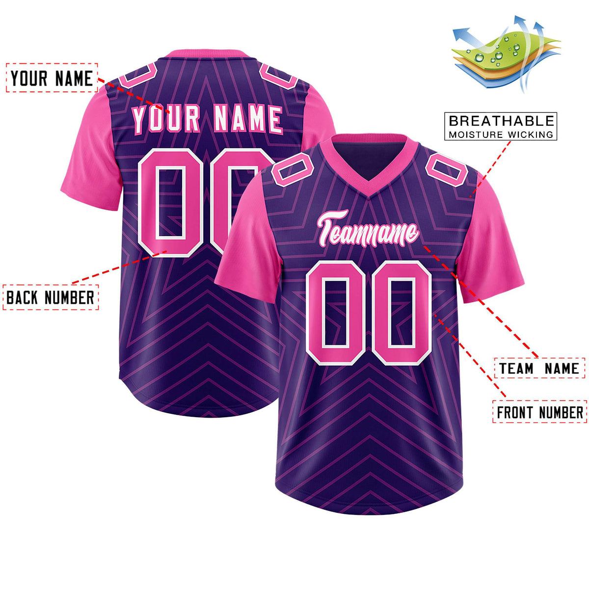 Custom Purple Pink Personalized Star Pattern Raglan Sleeves Authentic American Football Jersey