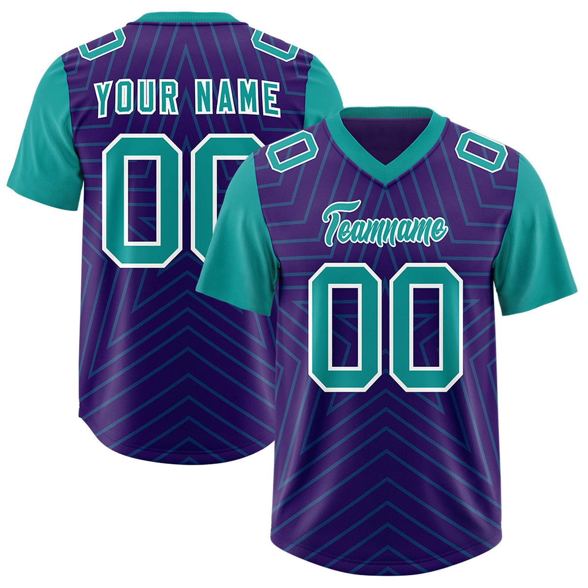 Custom Purple Aqua Personalized Star Pattern Raglan Sleeves Authentic American Football Jersey