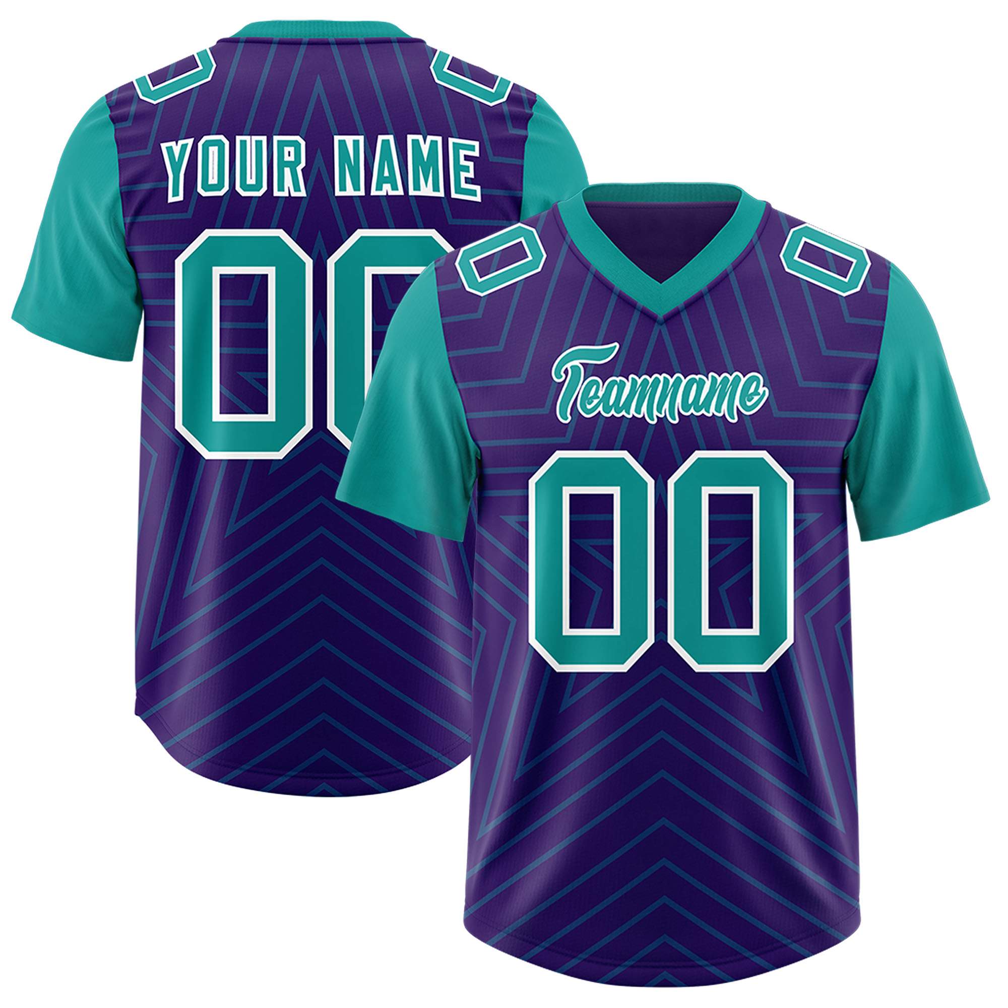 Custom Purple Aqua Personalized Star Pattern Raglan Sleeves Authentic American Football Jersey