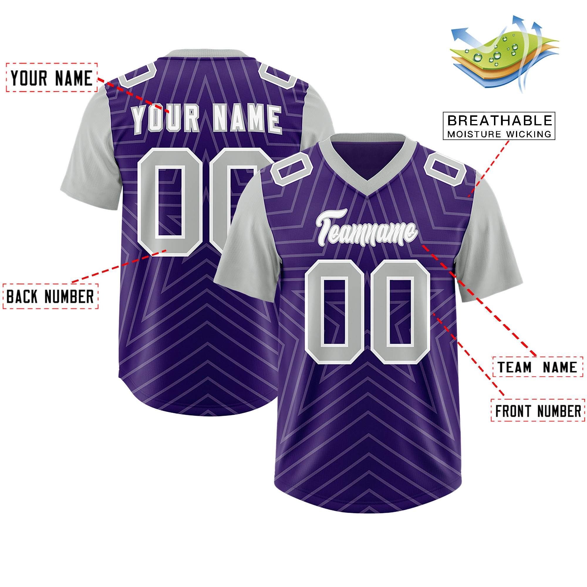 Custom Purple Gray Personalized Star Pattern Raglan Sleeves Authentic American Football Jersey