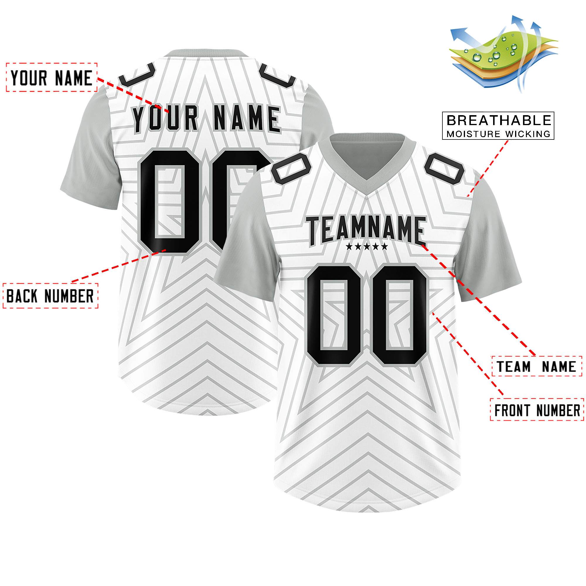 Custom White Gray Personalized Star Pattern Raglan Sleeves Authentic American Football Jersey