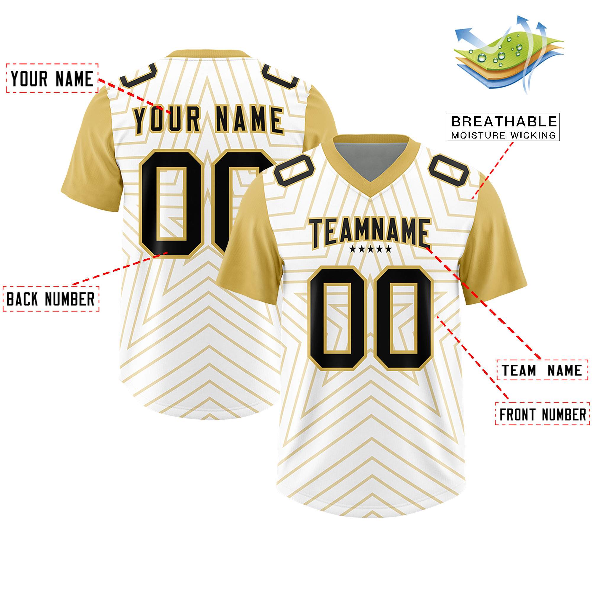 Custom White Old Gold Personalized Star Pattern Raglan Sleeves Authentic American Football Jersey