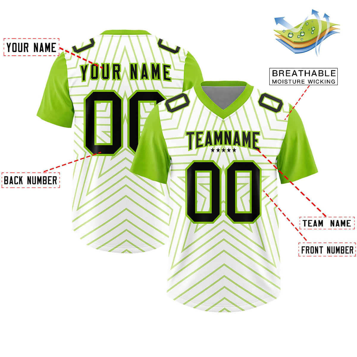 Custom White Neon Green Personalized Star Pattern Raglan Sleeves Authentic American Football Jersey