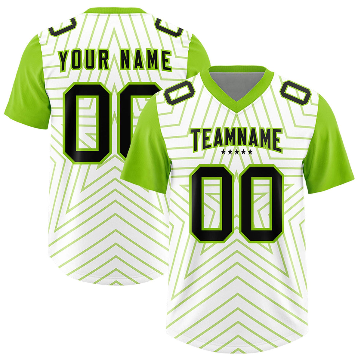 Custom White Neon Green Personalized Star Pattern Raglan Sleeves Authentic American Football Jersey