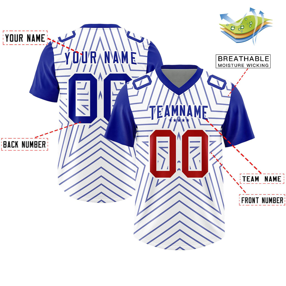 Custom White Royal Personalized Star Pattern Raglan Sleeves Authentic American Football Jersey