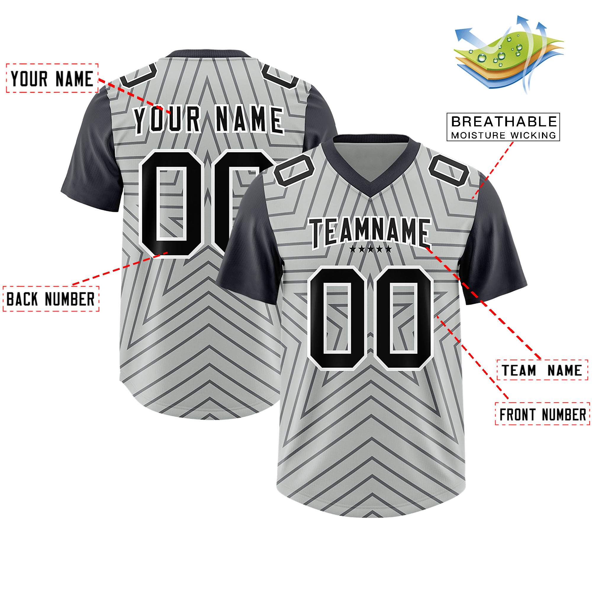 Custom Gray Dark Gray Personalized Star Pattern Raglan Sleeves Authentic American Football Jersey
