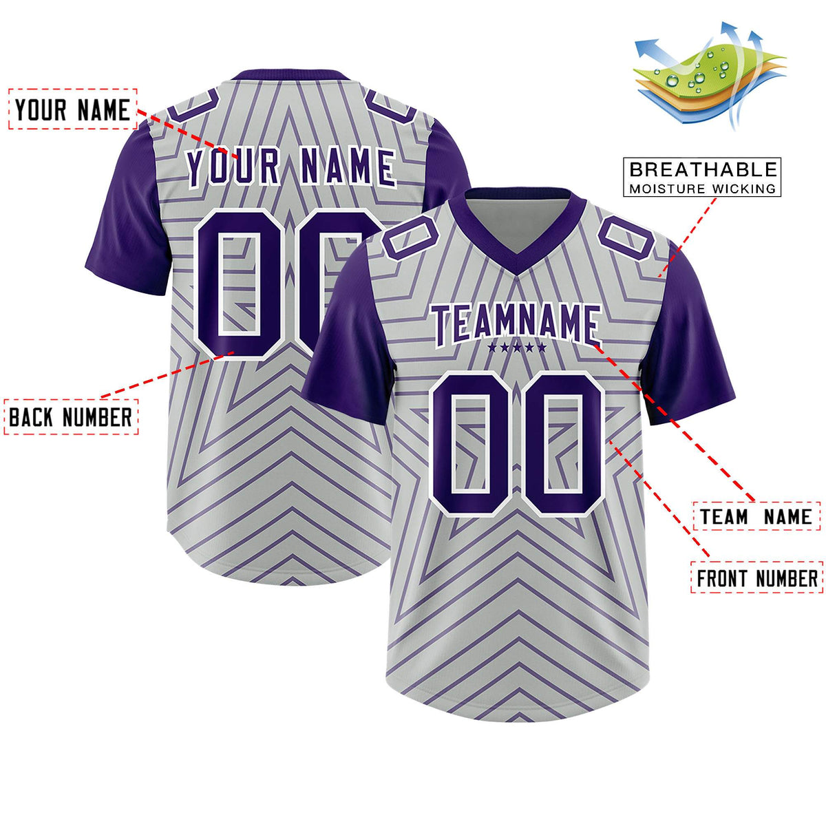Custom Gray Purple Personalized Star Pattern Raglan Sleeves Authentic American Football Jersey