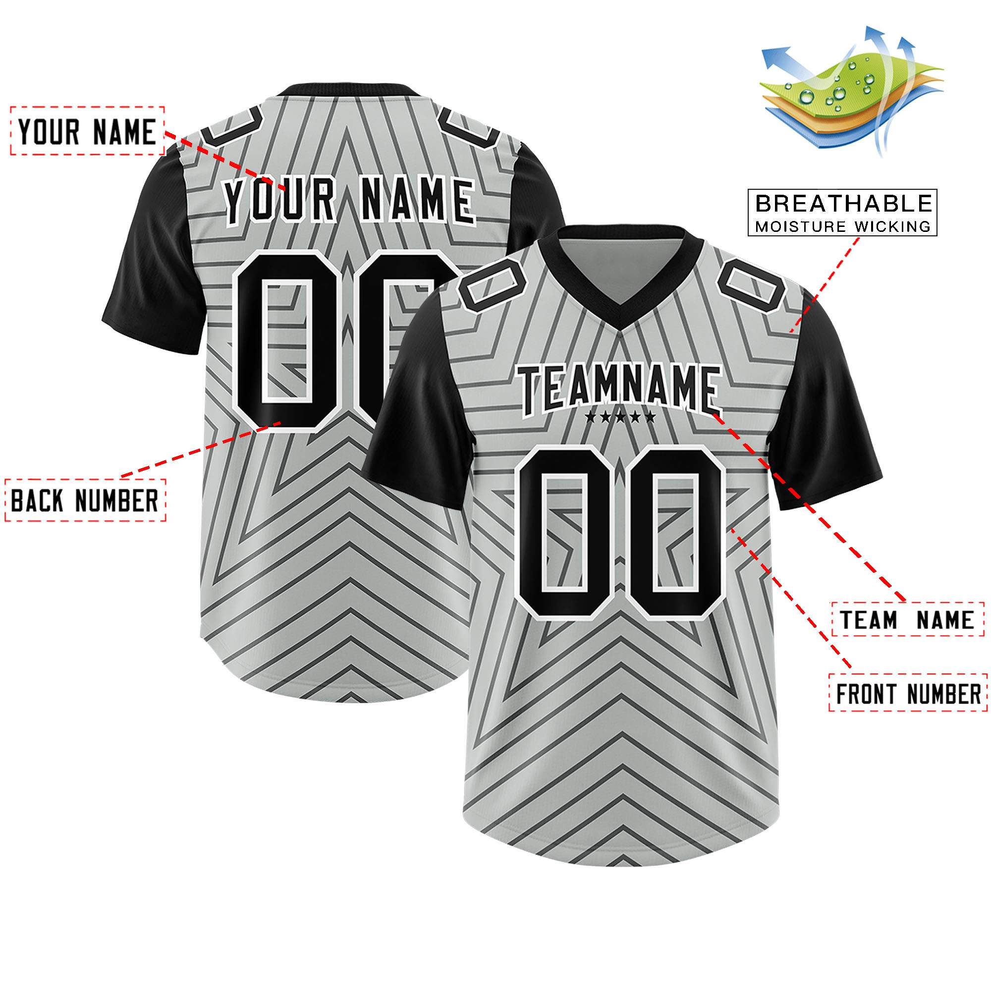 Custom Gray Black Personalized Star Pattern Raglan Sleeves Authentic American Football Jersey