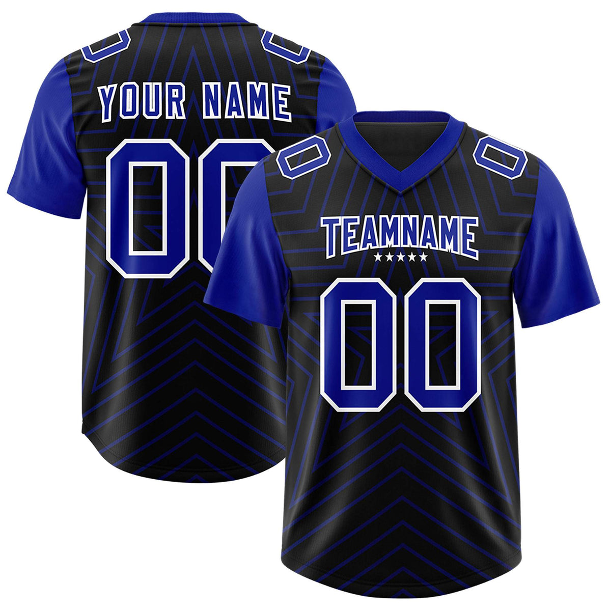 Custom Black Royal Personalized Star Pattern Raglan Sleeves Authentic American Football Jersey
