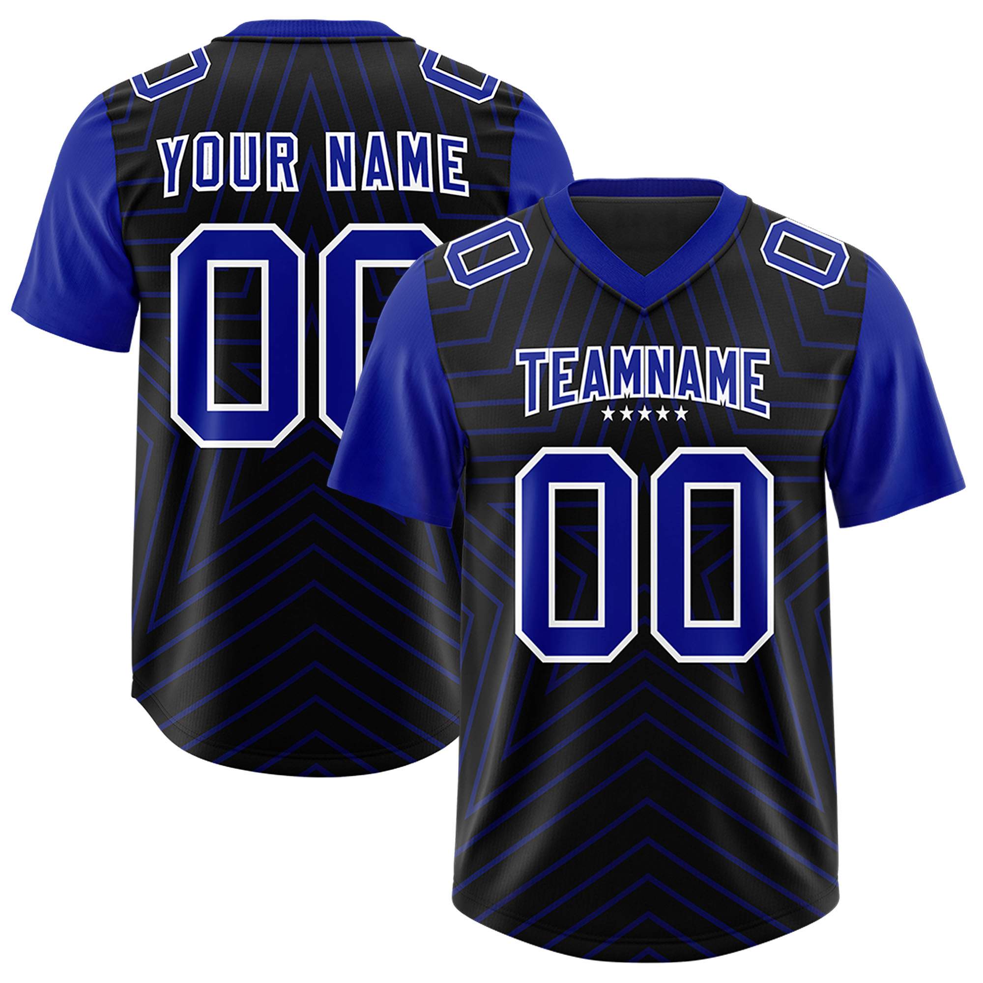 Custom Black Royal Personalized Star Pattern Raglan Sleeves Authentic American Football Jersey