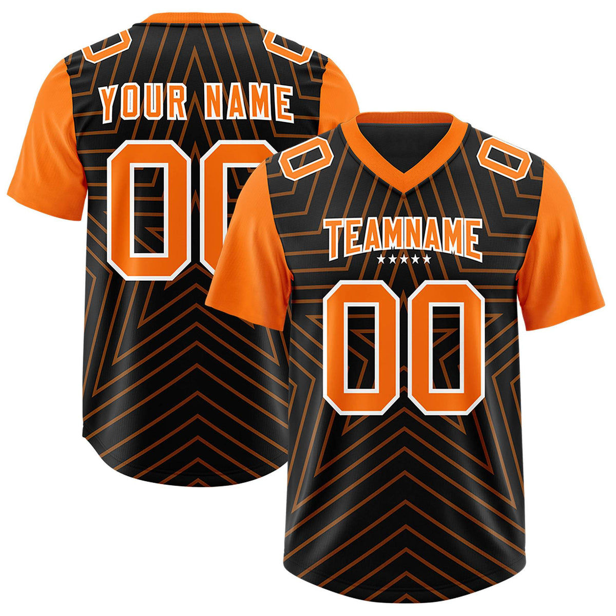 Custom Black Orange Personalized Star Pattern Raglan Sleeves Authentic American Football Jersey