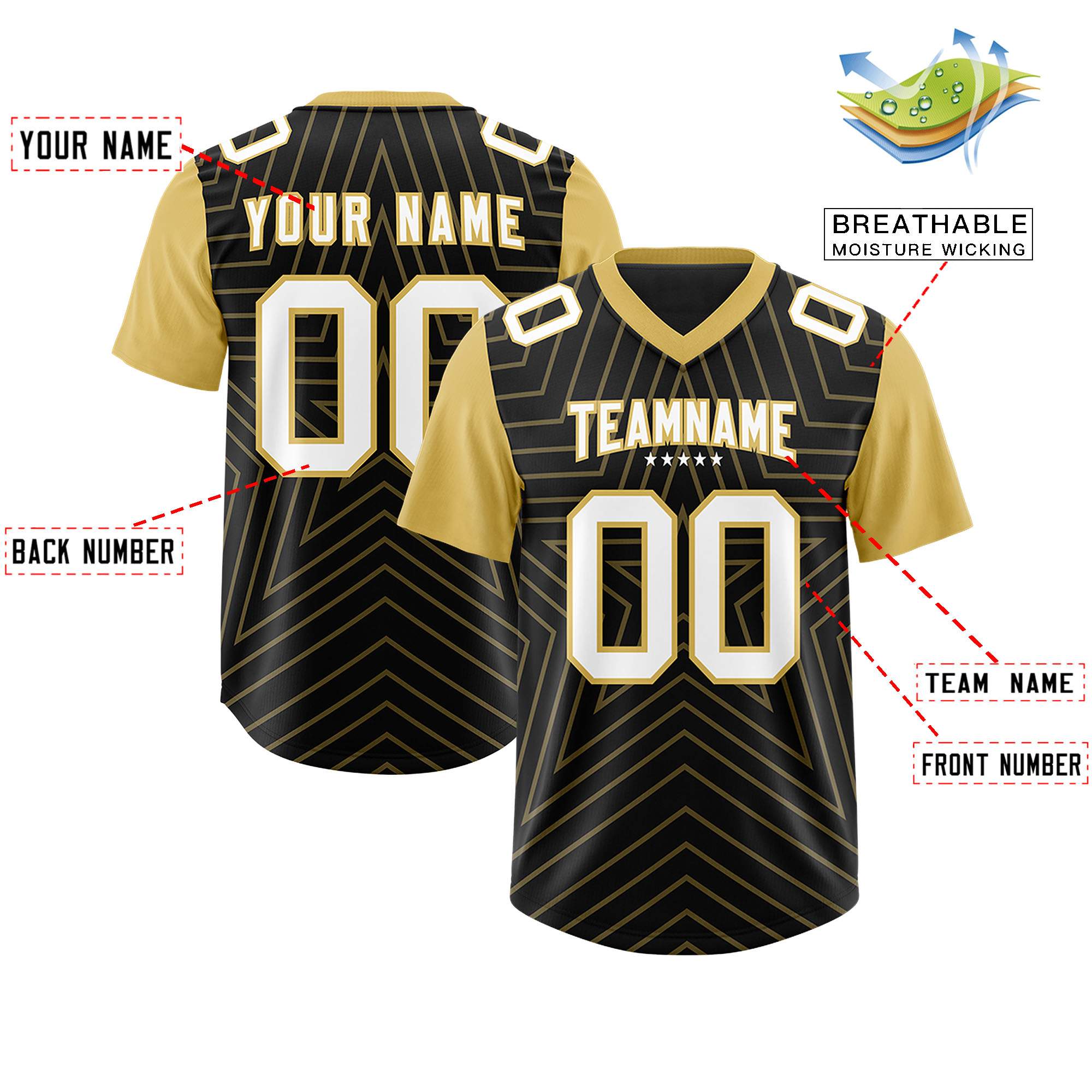 Custom Black Old Gold Personalized Star Pattern Raglan Sleeves Authentic American Football Jersey
